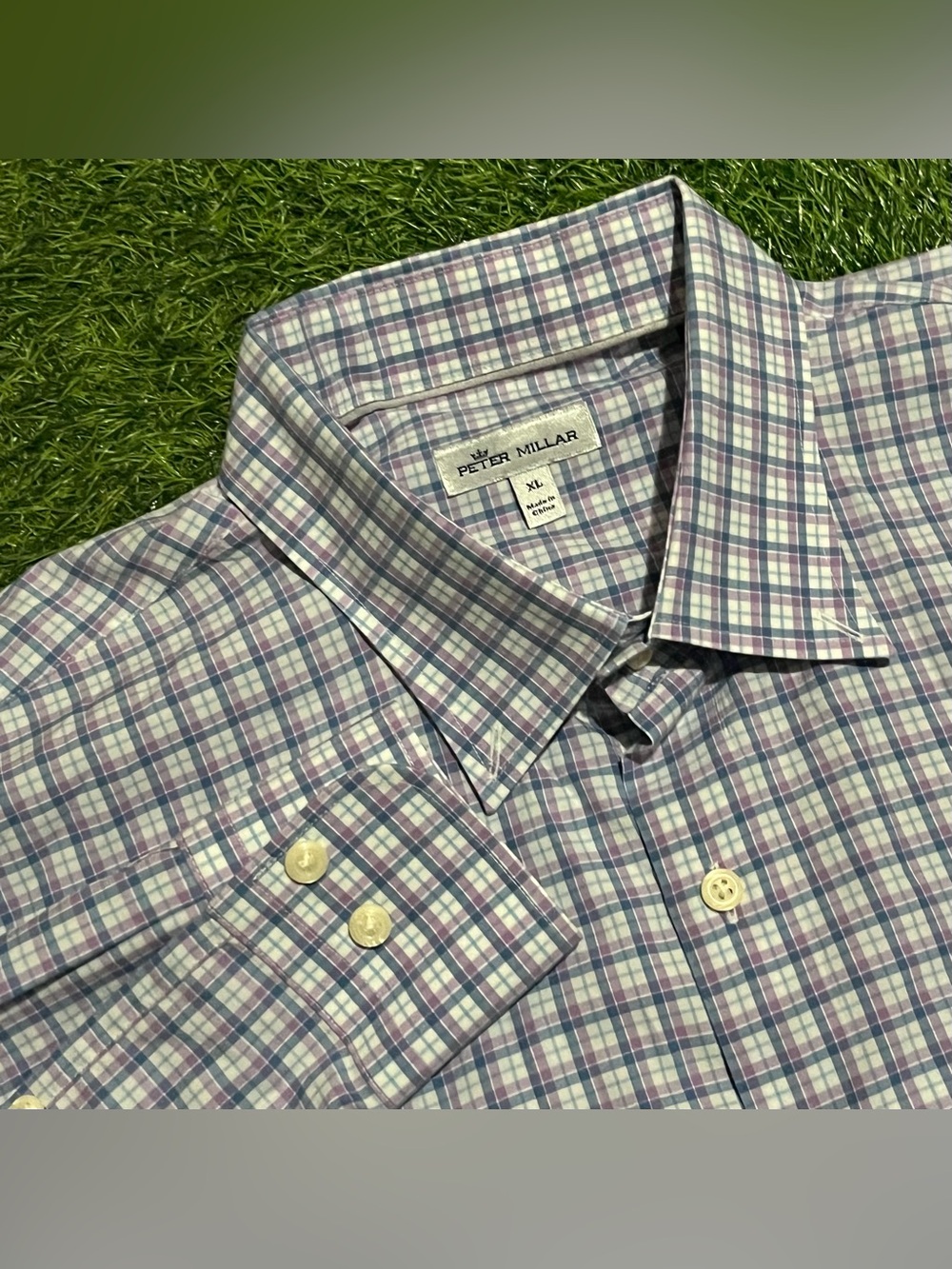 Peter Millar Long Sleeve Button Up Dress Shirt Blue/Purple/White Plaid Size XL
